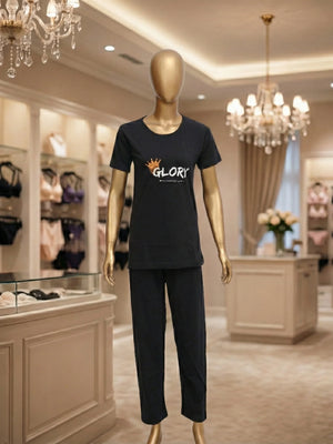 "Glory" Black Cotton Printed Lounge Set / Night Suit
