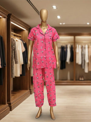 "Pink Blossom Grid" Button-Down Night Suit