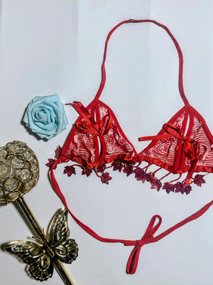 Sultry Lace Triangle Bralette with Shimmering Leaf Tassels