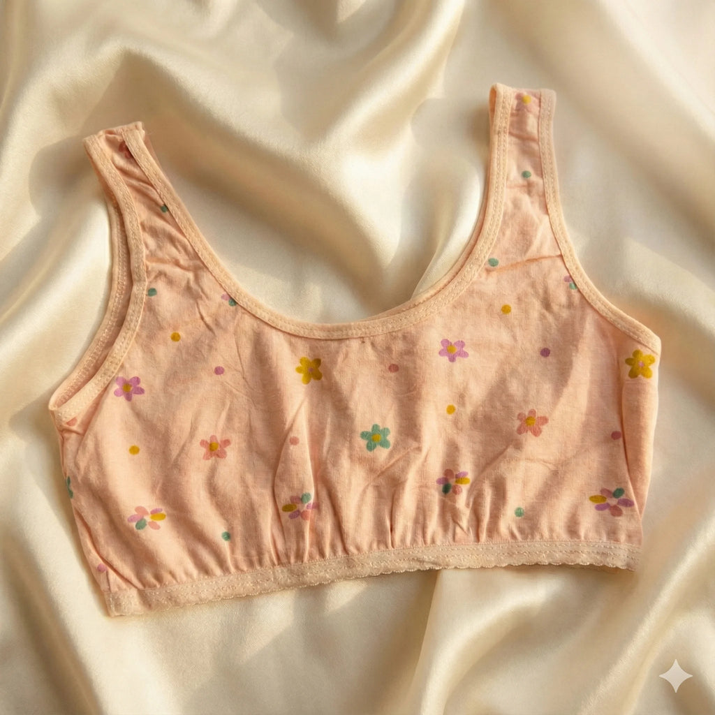 Girls' Soft Cotton Floral Training Bra – Wire-Free Beginner Crop Top