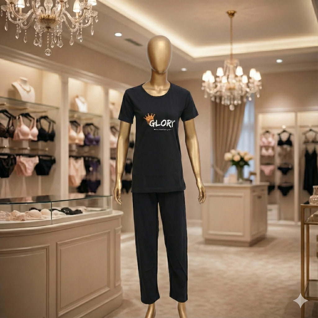 "Glory" Black Cotton Printed Lounge Set / Night Suit