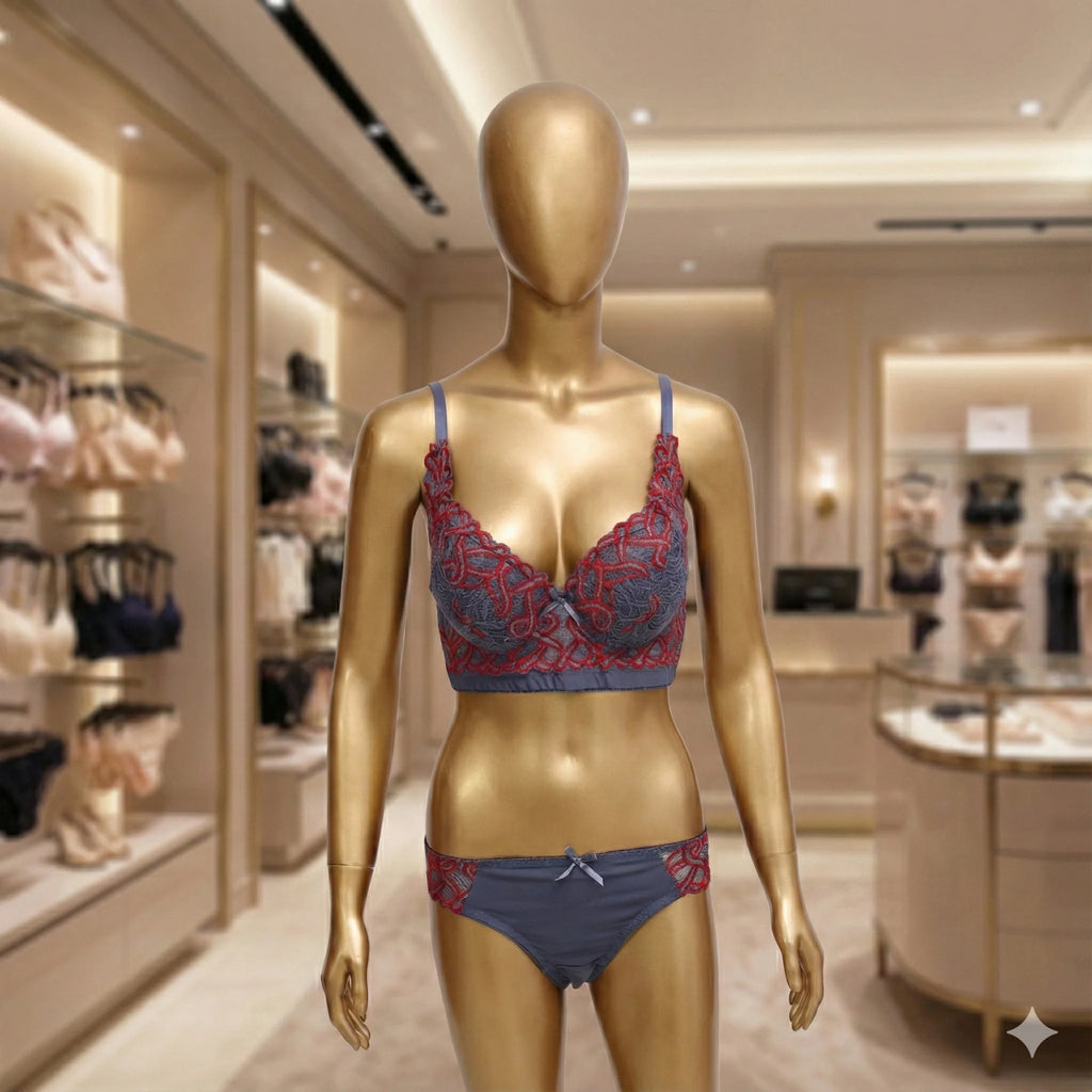 Mannequin wearing a blue and red bra and panties set in a store setting
