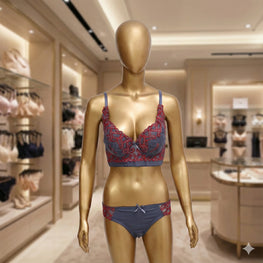 Mannequin wearing a blue and red bra and panties set in a store setting