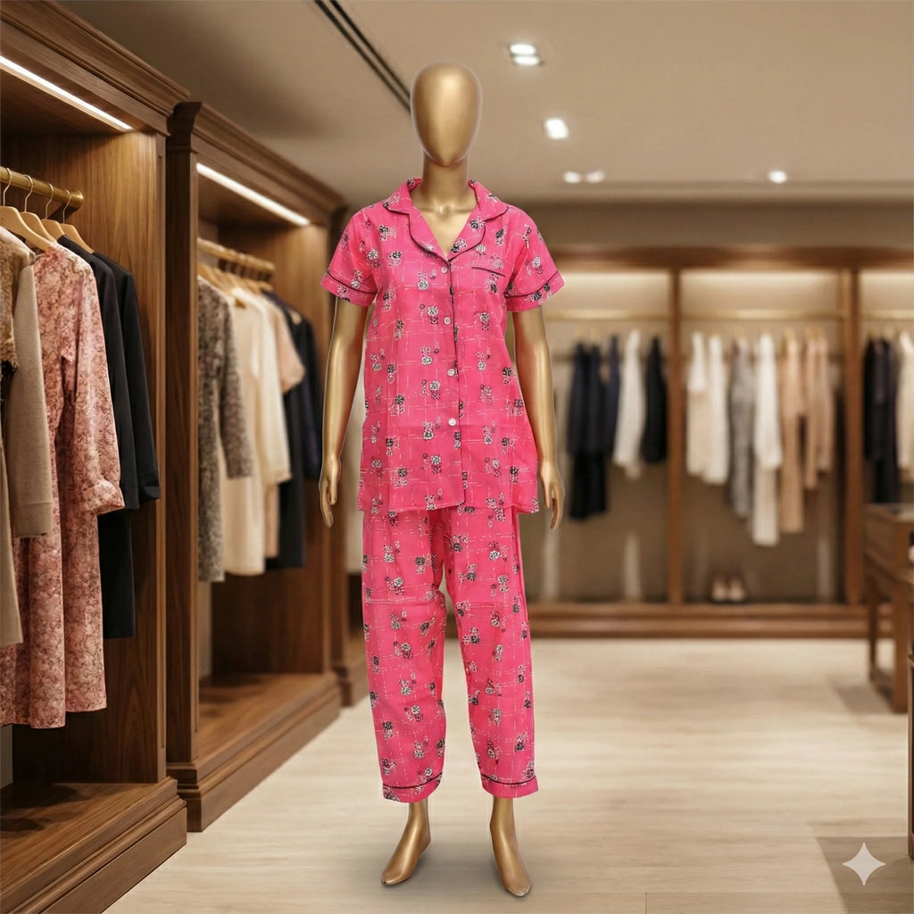 "Pink Blossom Grid" Button-Down Night Suit