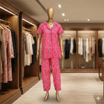 "Pink Blossom Grid" Button-Down Night Suit