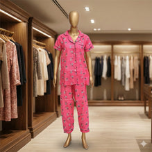 "Pink Blossom Grid" Button-Down Night Suit