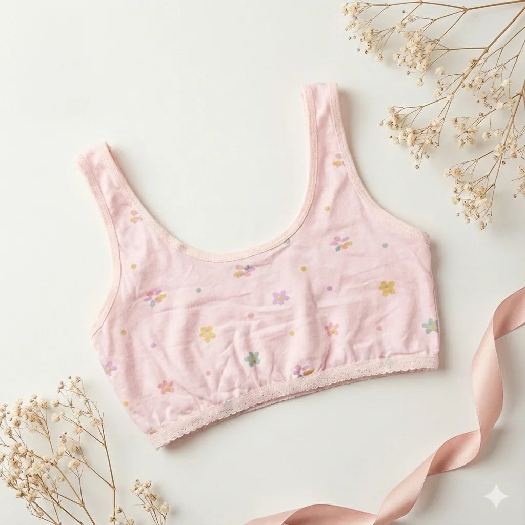 Girls' Soft Cotton Floral Training Bra – Wire-Free Beginner Crop Top