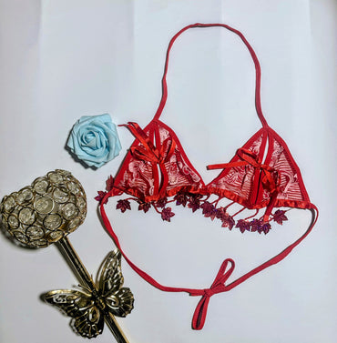 Sultry Lace Triangle Bralette with Shimmering Leaf Tassels