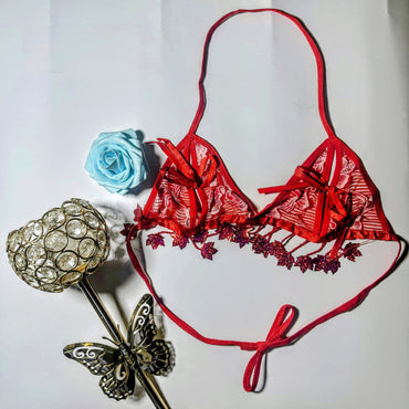 Sultry Lace Triangle Bralette with Shimmering Leaf Tassels