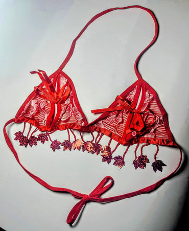 Sultry Lace Triangle Bralette with Shimmering Leaf Tassels