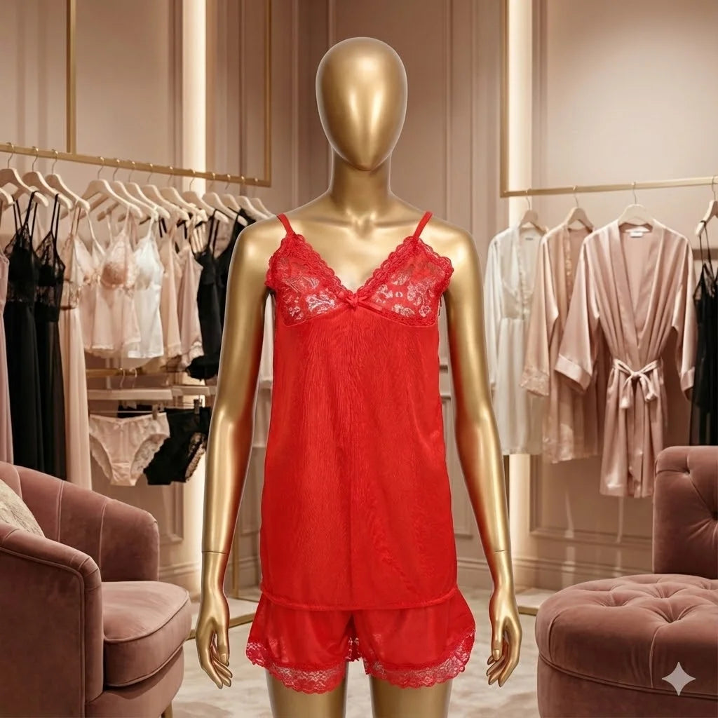 "Ruby Romance" Luxury Red Satin 5-Piece Nightwear Set