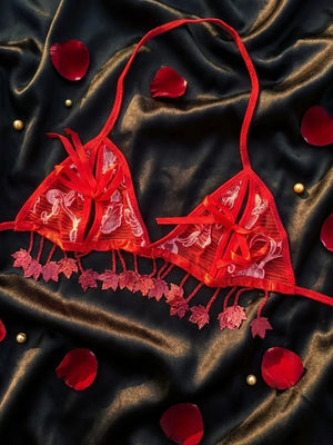 Sultry Lace Triangle Bralette with Shimmering Leaf Tassels