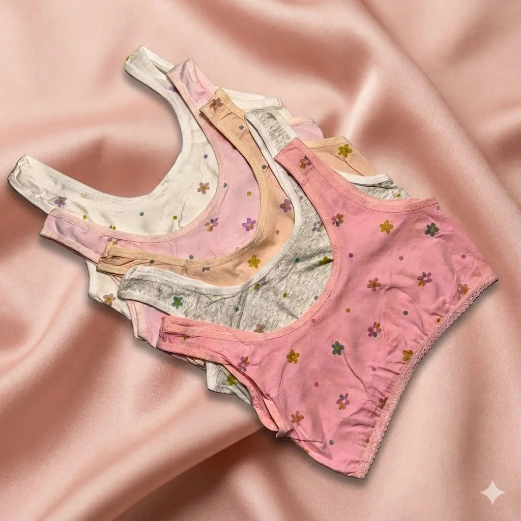 Girls' Soft Cotton Floral Training Bra – Wire-Free Beginner Crop Top